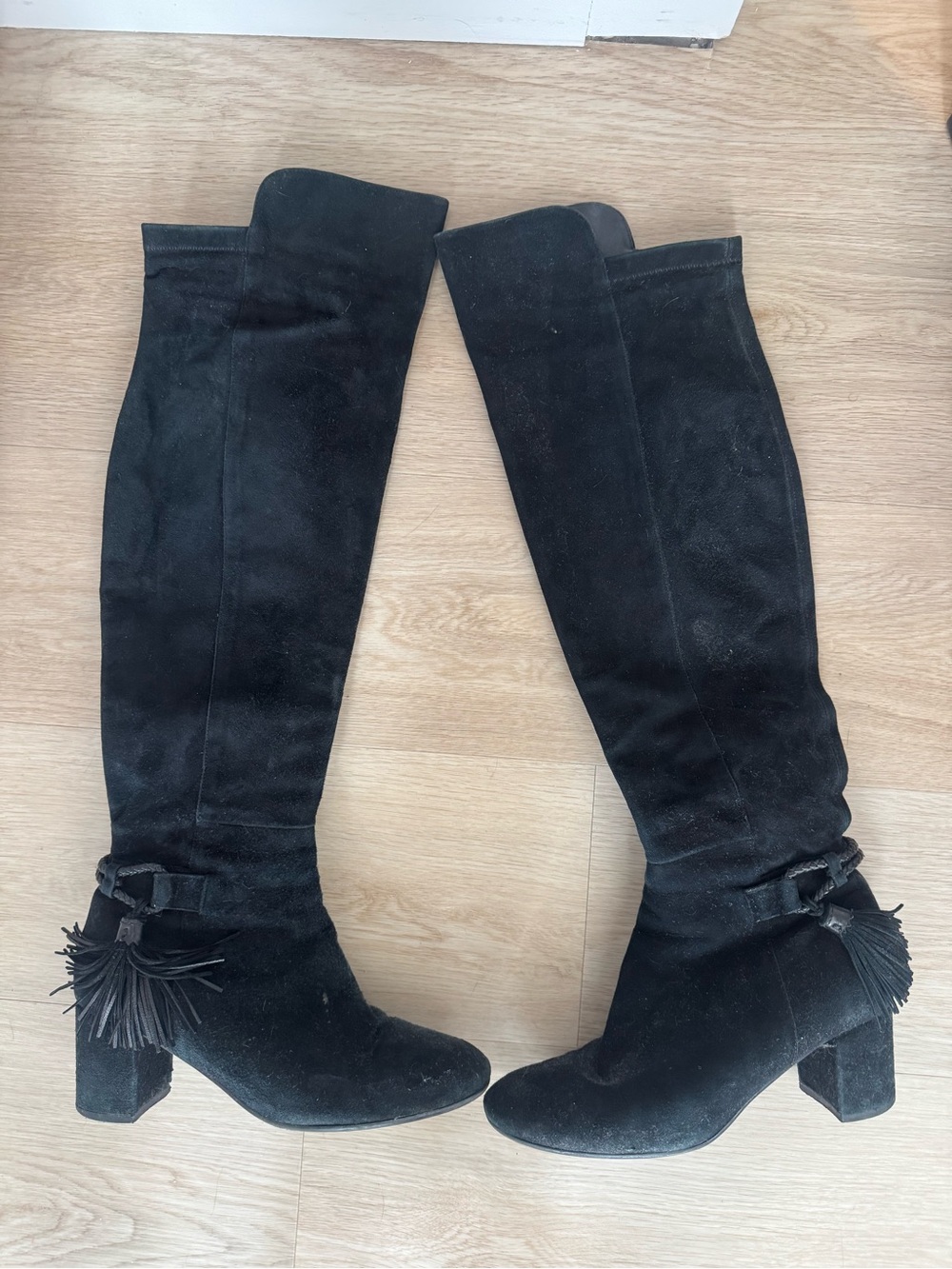 LK Bennett Black Suede Over-the-Knee Block Heel Boots with Tassel